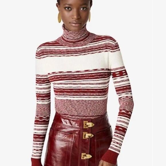 Tory Burch Julie Turtleneck Sweater red ivory sz M - Picture 1 of 7